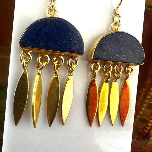 14k Gold Plated Lapis Lazuli Drop Earrings - Picture 4 of 10